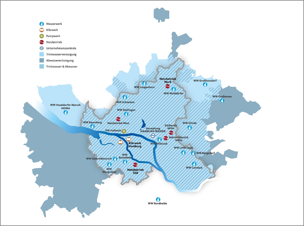 Abbildung 0-1 zeigt eine Übersichtskarte der EMAS zertifizierten Standorte von HAMBURG WASSER im Stadtgebiet Hamburg. Auf der Karte sind verschiedene Einrichtungen dargestellt, die zur Trinkwasserversorgung und Abwasserentsorgung gehören. Zu den dargestellten Standorten zählen Wasserwerke, Klärwerke, Pumpwerke, Netzbetriebe sowie die Unternehmenszentrale. Die Karte macht deutlich, dass HAMBURG WASSER mit einer Vielzahl von Standorten in der gesamten Stadt sowie auch in einigen anliegenden Regionen vertreten ist.