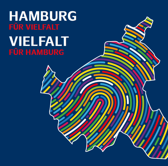 Grafik mit dunkelblauem Hintergrund und dem Schriftzug „Hamburg für Vielfalt – Vielfalt für Hamburg“ in Weiß und Rot. Daneben ist die Umrissform von Hamburg dargestellt, gefüllt mit farbenfrohen, geschwungenen Linien in verschiedenen Farben, die Vielfalt symbolisieren.