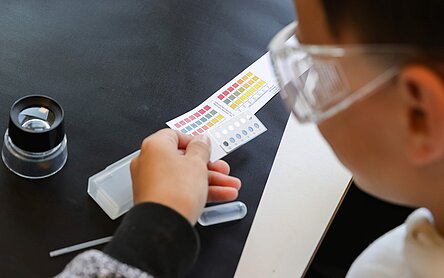Ein Schüler vergleicht im Rahmen des "Lab in a drop"-Programms Testergebnisse anhand eines Farbschemas.