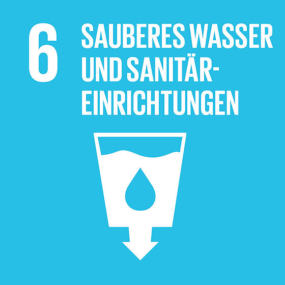 Eine grafische Gestaltung des SDG 6: Sauberes Wasser und Sanitäreinrichtungen. Ein Wasserglas mit einem Pfeil nach unten.